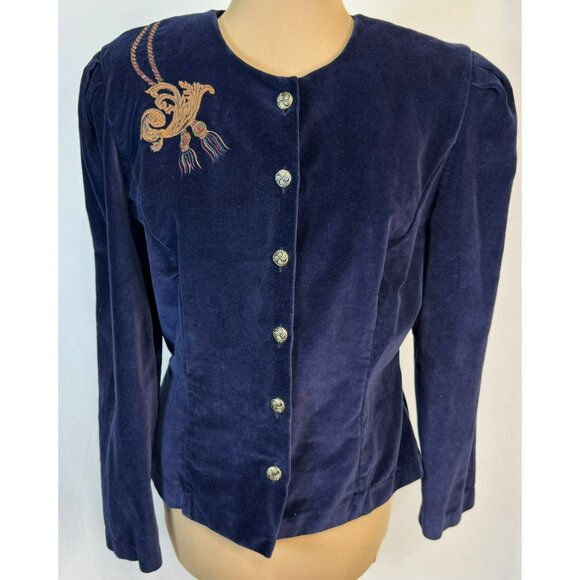 Vintage 80's Plaza South Blue Embroidered Velvet Button-Up Jacket Womens Size 12 - Picture 1 of 11